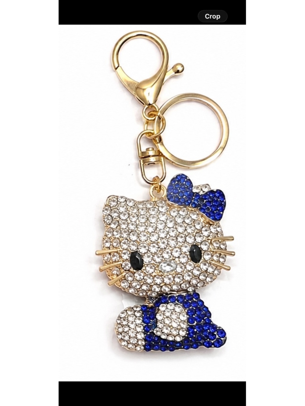 Blue Rhinestone Kitty Cat Keychain Charm Gold Tone Bag Charm Crystal Key Ring